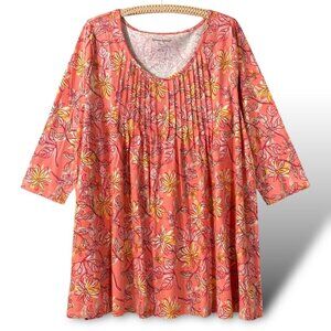 Woman Within Top Womens 18/20 Pink Floral Print 3/4 Sleeves Pin Tuck Tunic NWOT